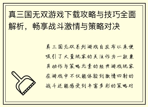 真三国无双游戏下载攻略与技巧全面解析，畅享战斗激情与策略对决